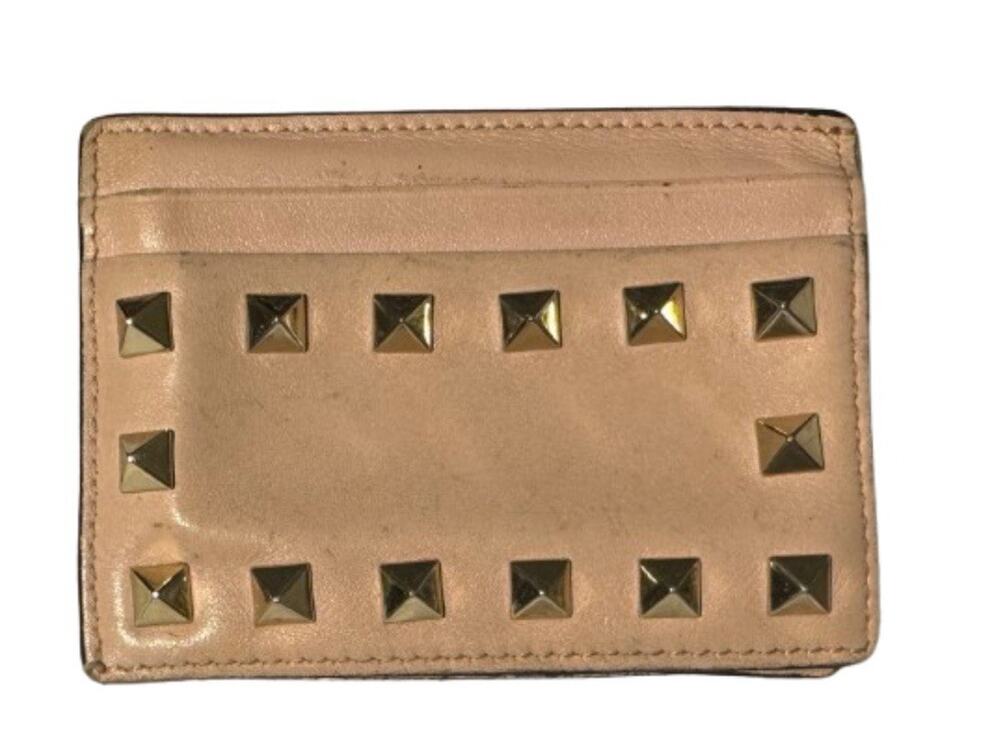 AUTH Valentino Garavani Pink Leather Gold Studs Rockstud Card Holder